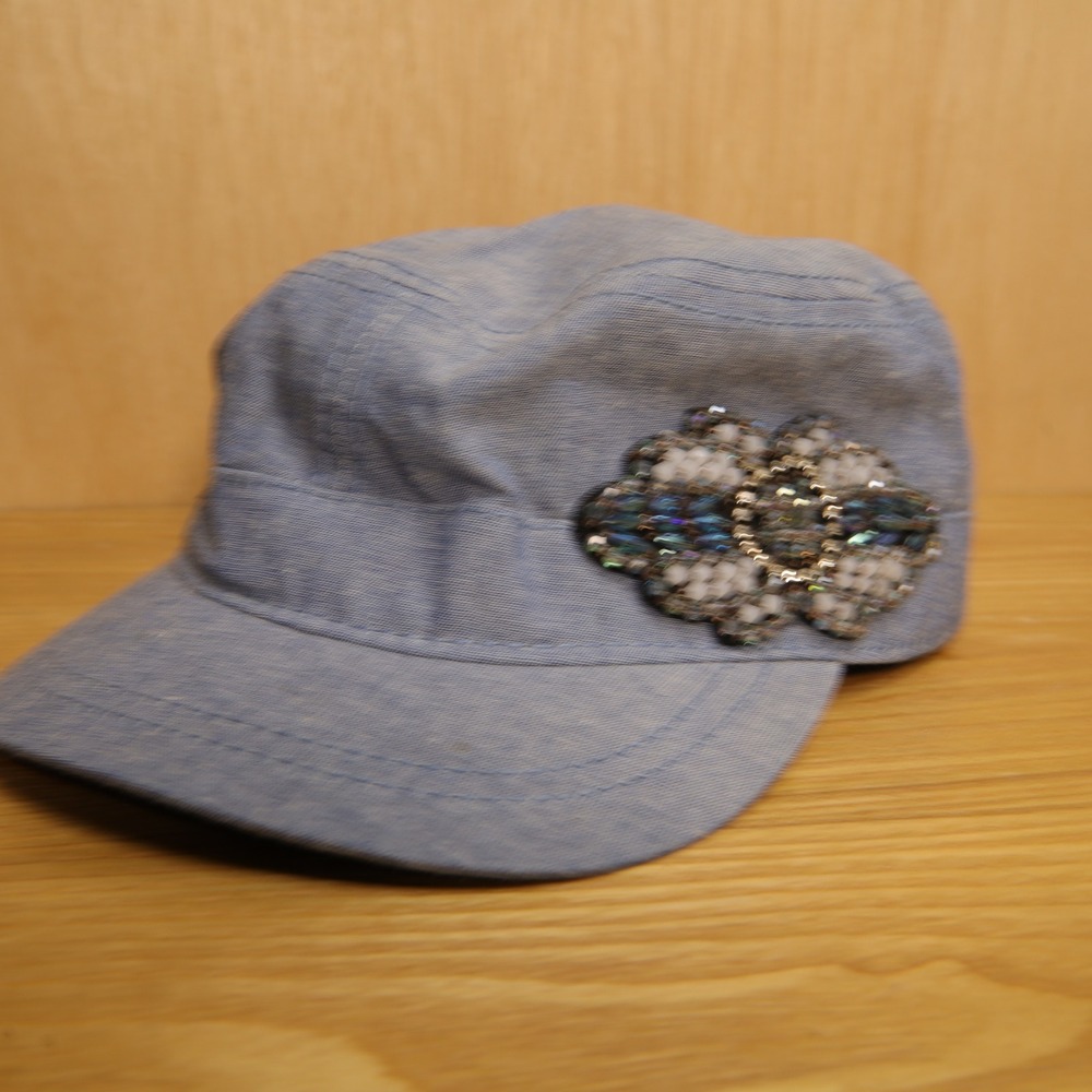 Womens Blue Chambray Cadet Cap Beaded Floral Medallion Military Style Hat OS - Picture 2 of 4